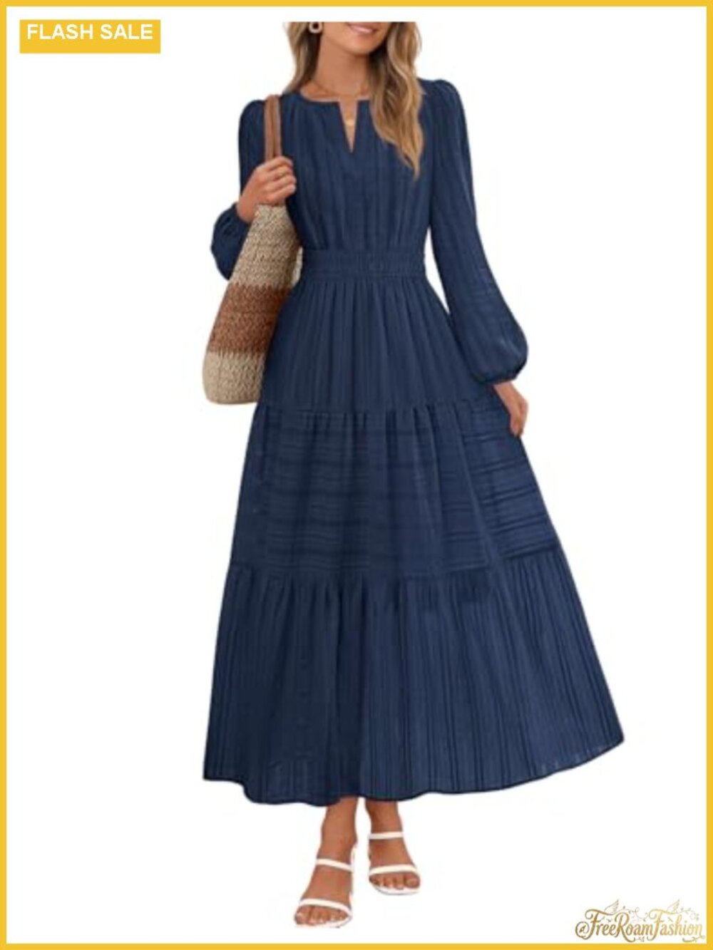 Cotton Jacquard Puff Long Sleeve V Neck Midi Dress
